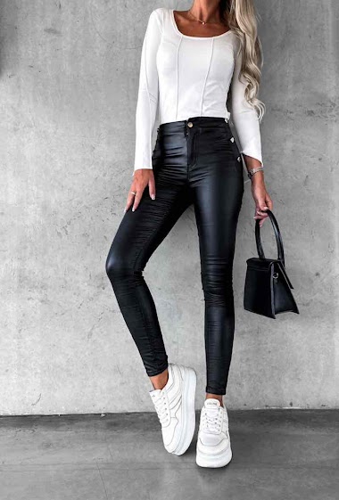 WASHED FAUX LEATHER PANTS - Brown