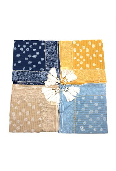 Wholesaler Feelmoon - HAND PRINTED SQUARE SCARF WITH POLKA DOTS AND TASSELS DECO