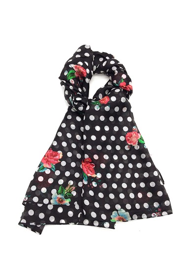Mayorista Feelmoon - SILK STOLE WITH BLACK BASE PRINTED WITH POLKA DOTS AND SMALL FLOWERS