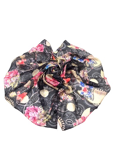 Wholesaler Feelmoon - SILK STOLE WITH BLACK BASE PRINTED WITH PAISLEY PATTERNS AND FLOWERS