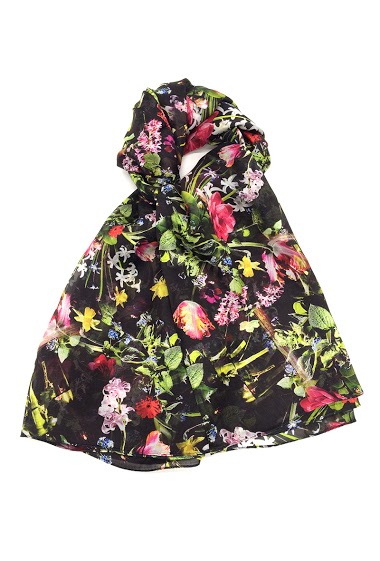 Wholesaler Feelmoon - BLACK BASE SILK STOLE PRINTED WITH FLOWERS AND PLANTS