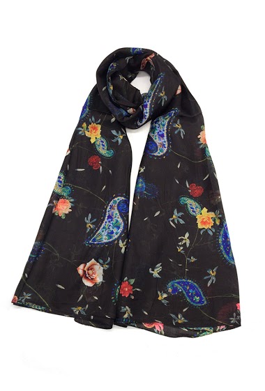 Wholesaler Feelmoon - BLACK BASED SILK SCARF PRINTED WITH PAISLEY AND FLOWERS
