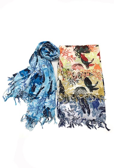 Großhändler Feelmoon - HAND PRINTED SCARF WITH SEA TURTLES AND SEA PLANTS