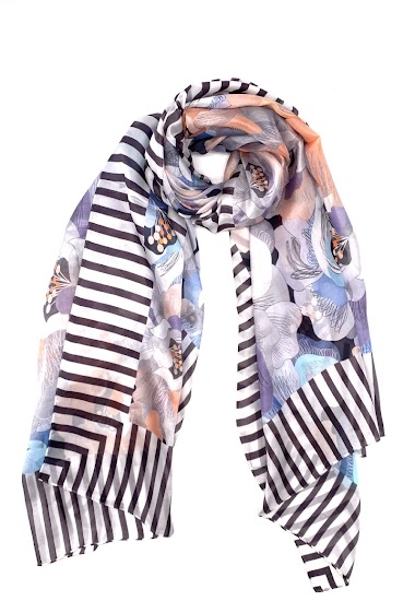 Mayorista Feelmoon - Long silk scarf with floral and stripe pattern.