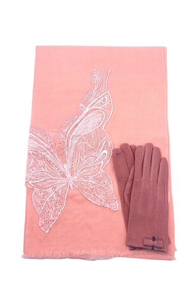 Wholesaler Feelmoon - Matching glove and scarf set with embroidered butterfly