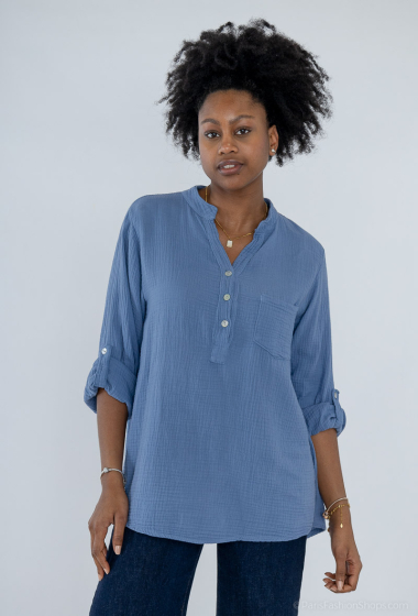 Grossiste Fengo by Pretty Collection - Blouse en gaze de coton avce col mao et manches longues