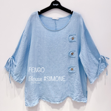 Mayorista Fengo by Pretty Collection - Blusa ancha de lino con lazos en las mangas.