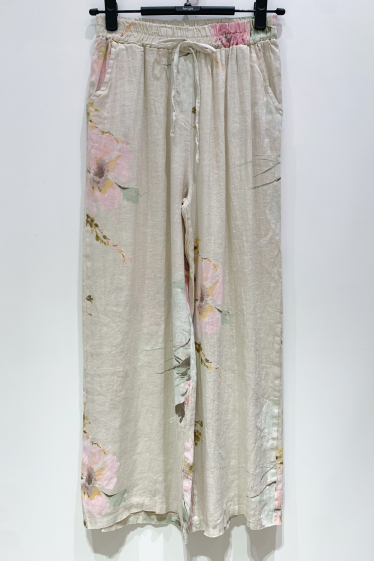 Grossiste Fengo by Pretty Collection - Pantalon fluide, en lin avec imprimé à fleurs, lacet et 2 poches