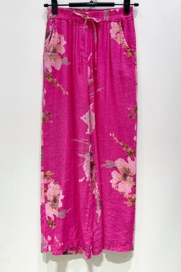 Grossiste Fengo by Pretty Collection - Pantalon fluide, en lin avec imprimé à fleurs, lacet et 2 poches