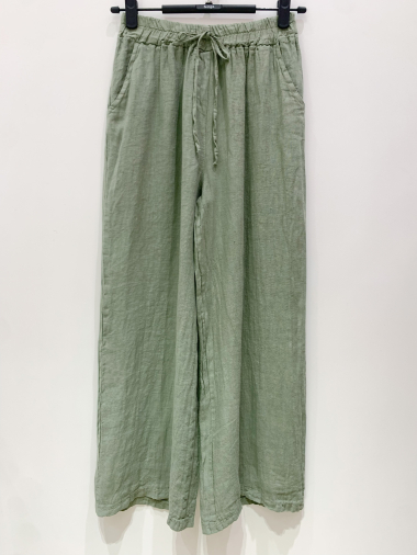 Grossiste Fengo by Pretty Collection - Pantalon uni, fluide en lin avec attache et 2poches