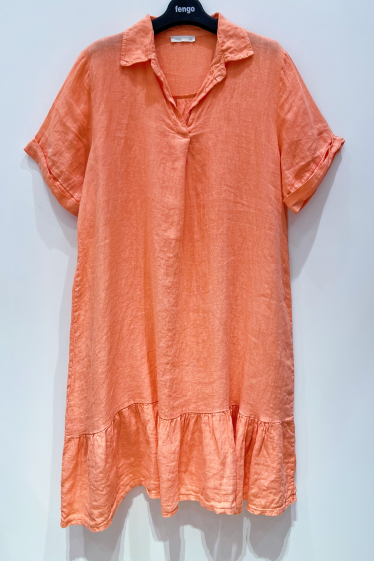 Grossiste Fengo by Pretty Collection - Robe large en lin, avec col v et volant
