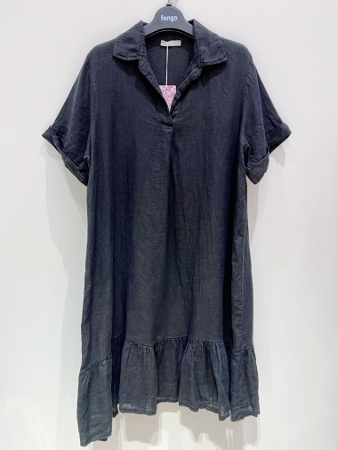 Grossiste Fengo by Pretty Collection - Robe large en lin, avec col v et volant