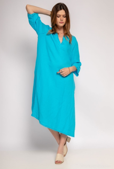 Grossiste Fengo by Pretty Collection - Robe longue en lin avec col V et manches 3/4