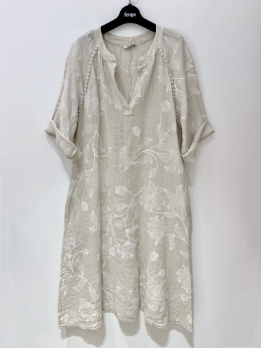 Grossiste Fengo by Pretty Collection - Robe longue en lin, avec imprimé fleuri, col v et manches 3/4