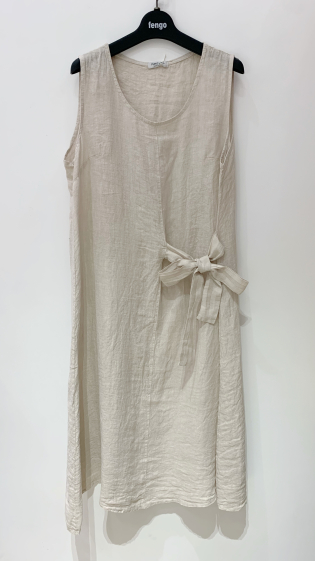 Grossiste Fengo by Pretty Collection - Robe longue en lin, avec noeud