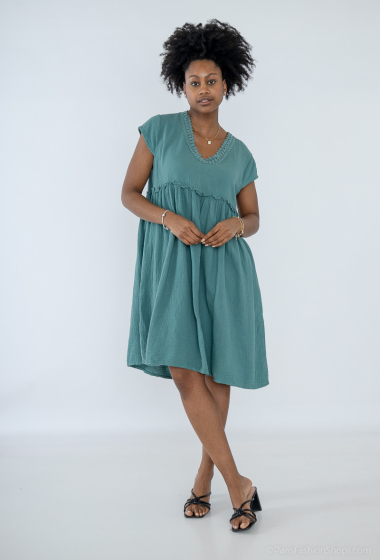 Grossiste Fengo by Pretty Collection - Robe mi-longue en gaze de coton, col v et avec manches courtes