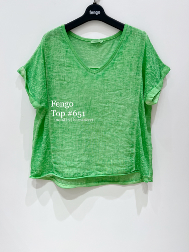Grossiste Fengo by Pretty Collection - Tee-shirt en lin bi-matière