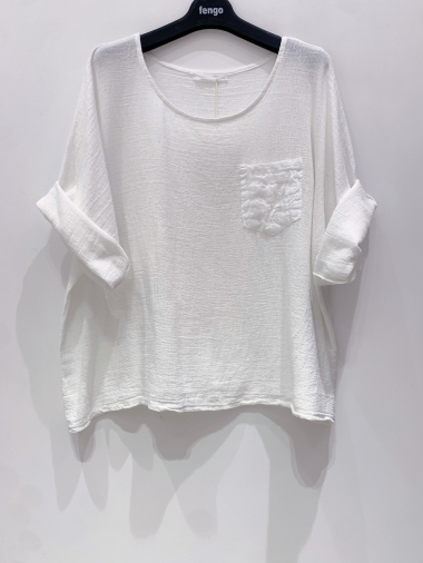 Grossiste Fengo by Pretty Collection - T-shirt en mélange lin/coton, avec. manches courtes et poche