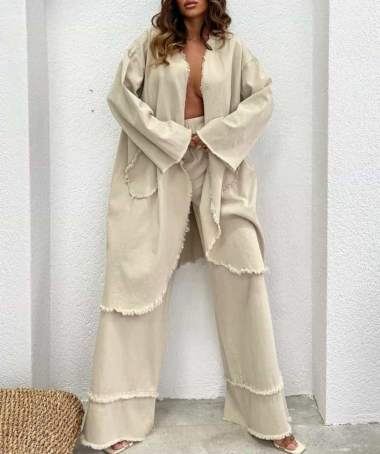Wholesaler FENOMEN - Long Fringed Kimono and Loose Trousers Set with Linen