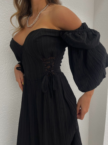 Wholesaler FENOMEN - Long Neckline Dress - With Linen - Long Sleeves - Boat Neck