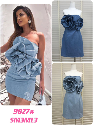 Großhändler Flam Mode - Jeanskleid mit Blumenrosette
