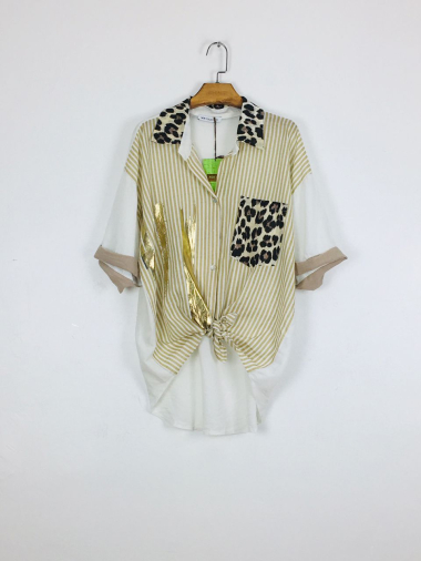 Mayorista For Her Paris - Camisa de leopardo con rayas doradas y pinceladas en lino y algodón.