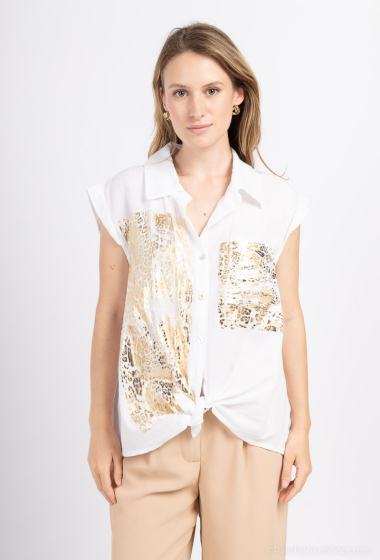 Wholesaler For Her Paris - Linen sleeveless shirt with gold leopard pattern