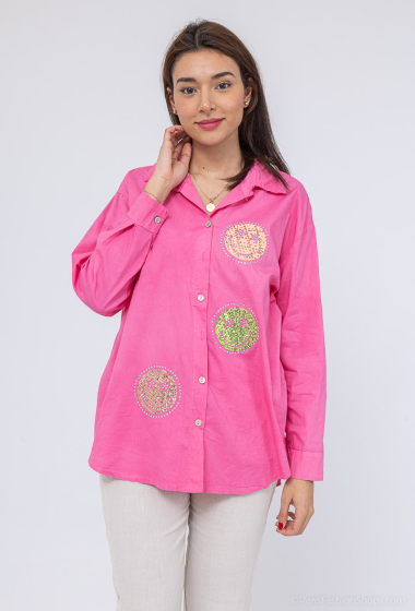 Wholesaler For Her Paris - Plain long-sleeved cotton shirt with multicolored rhinestone smileys