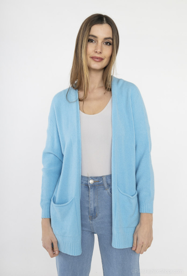 Wholesaler For Her Paris - Long plain cardigan with long sleeves, ribbed ribbed knitted bottom, cashmere touch