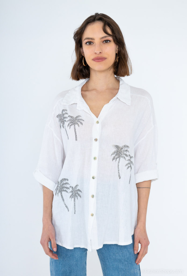 Wholesaler For Her Paris - Linen shirt with rhinestone palm trees 3/4 sleeves