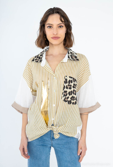 Mayorista For Her Paris Grande Taille - Camisa de leopardo con rayas doradas y pinceladas en lino y algodón.