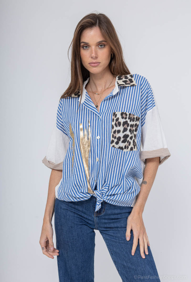 Mayorista For Her Paris Grande Taille - Camisa de leopardo con rayas doradas y pinceladas en lino y algodón.