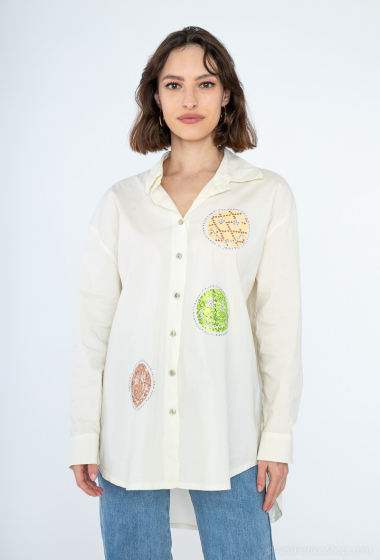 Mayorista For Her Paris Grande Taille - Camisa lisa de algodón de manga larga con emoticones de strass multicolor