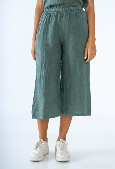 Mayorista For Her Paris Grande Taille - Pantalón cropped 100% lino, muy ancho, cintura elástica, 2 bolsillos