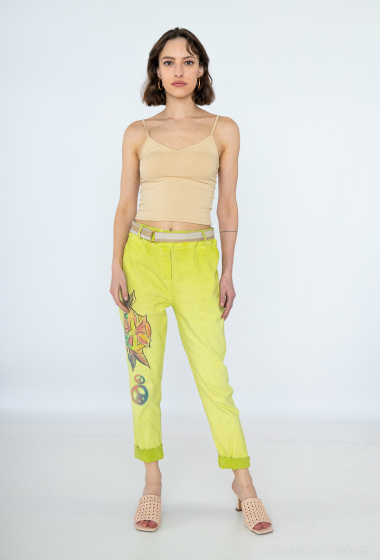 Wholesaler For Her Paris Grande Taille - plain belted cotton pants with multicolored and peace and love pattern