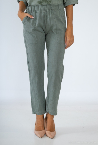 Mayorista For Her Paris Grande Taille - Pantalón básico liso de lino, cintura elástica, 2 bolsillos delanteros y 2 traseros