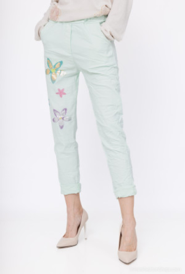 Wholesaler For Her Paris Grande Taille - Plain stretch cotton crinkled pants with flowers