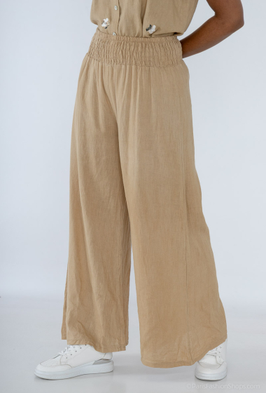 Grossiste For Her Paris Grande Taille - Pantalon large uni en lin taille smockée