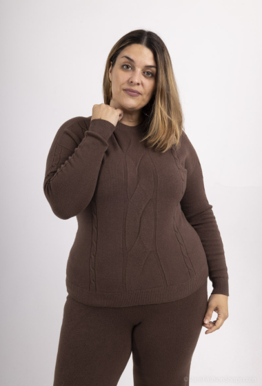 Grossiste For Her Paris Grande Taille - Pull sans couture uni torsadé col rond manches longues