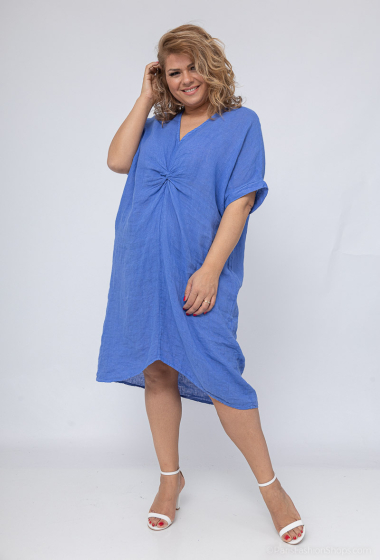 Grossiste For Her Paris Grande Taille - robe longue oversize unie col V manches 3/4 en 100% lin