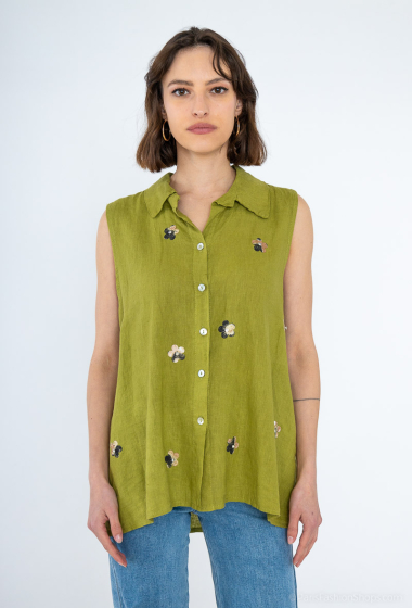 Grossiste For Her Paris Grande Taille - Top chemise avec des boutons sans manches en lin aux fleurs bicolores