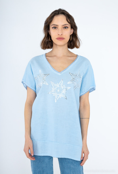 Wholesaler For Her Paris Grande Taille - Plain oversized top with stars in linen and cotton V-neck short sleeves