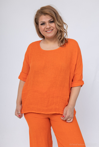 Grossiste For Her Paris Grande Taille - Top oversize uni 100% lin col rond manches 3/4