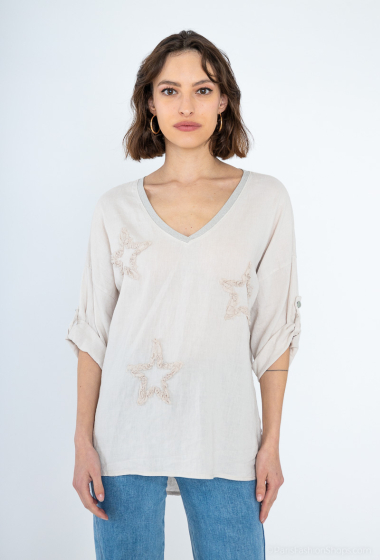 Wholesaler For Her Paris Grande Taille - Plain oversized top with 3 artisanal stars V-neck 3/4 sleeves
