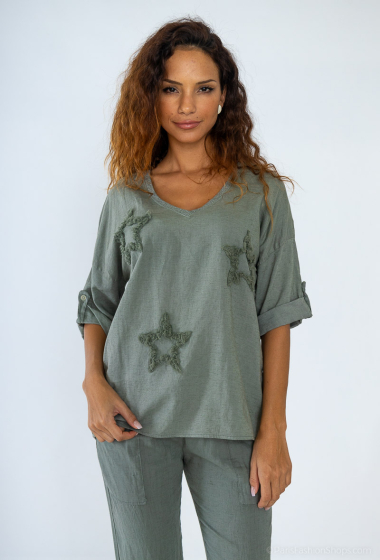 Grossiste For Her Paris Grande Taille - Top oversize uni 3 étoiles artisanales col V manches 3/4