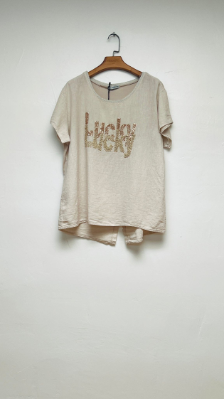 Wholesaler For Her Paris Grande Taille - Plain oversized top in fancy linen with Lucky writing, round neck, short sleeves