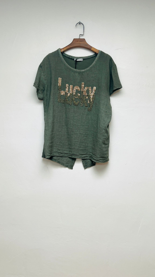 Wholesaler For Her Paris Grande Taille - Plain oversized top in fancy linen with Lucky writing, round neck, short sleeves