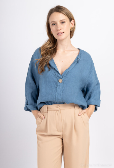 Wholesaler For Her Paris Grande Taille - Plain top 100% linen V-neck 3/4 sleeves and button