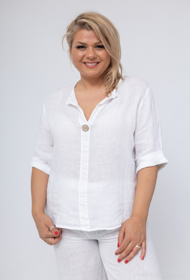 Grossiste For Her Paris Grande Taille - Top uni 100% lin col V manches 3/4 et bouton