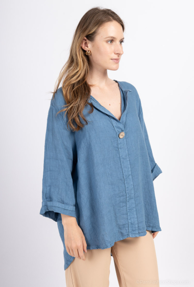 Wholesaler For Her Paris Grande Taille - Plain top 100% linen V-neck 3/4 sleeves and button